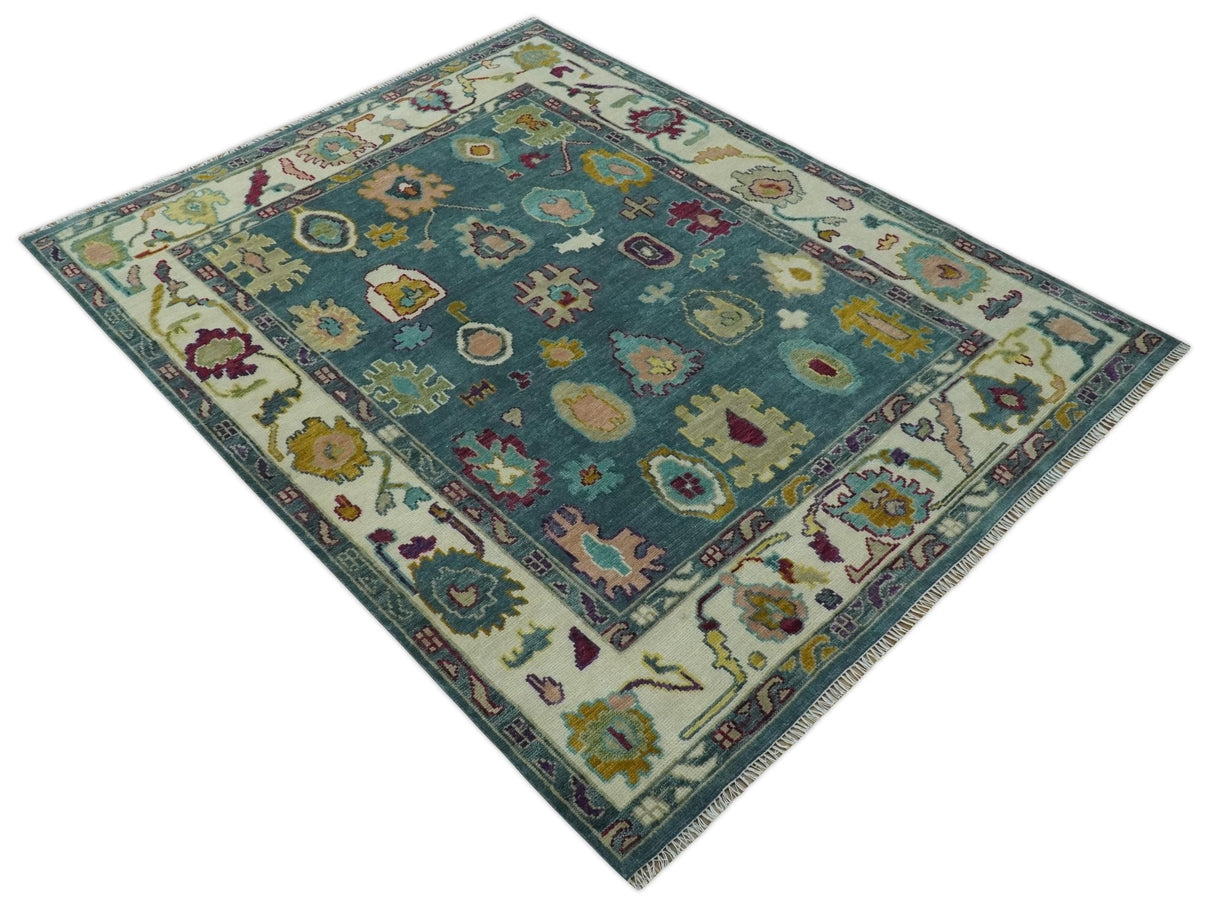 Colorful Teal, Ivory, Purple and Mustard Hand Knotted Traditional Oushak 8x10 wool Area Rug