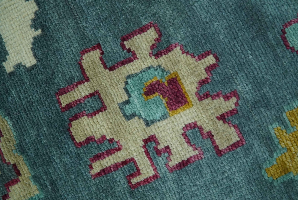 Colorful Teal, Ivory, Purple and Mustard Hand Knotted Traditional Oushak 8x10 wool Area Rug