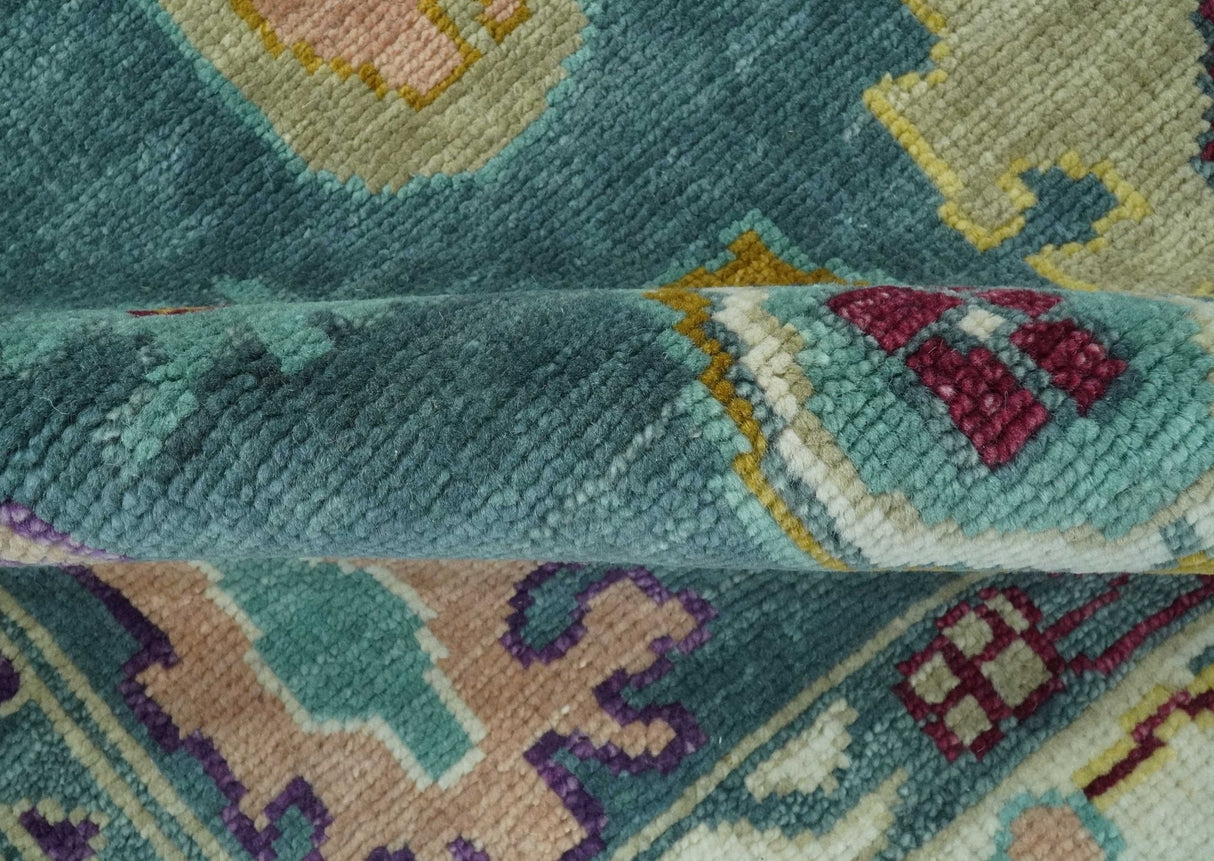 Colorful Teal, Ivory, Purple and Mustard Hand Knotted Traditional Oushak 8x10 wool Area Rug