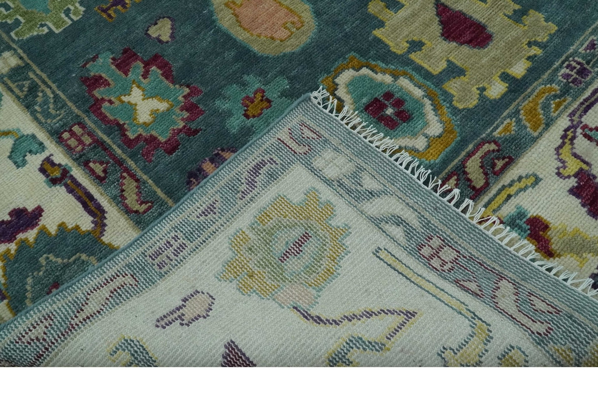 Colorful Teal, Ivory, Purple and Mustard Hand Knotted Traditional Oushak 8x10 wool Area Rug