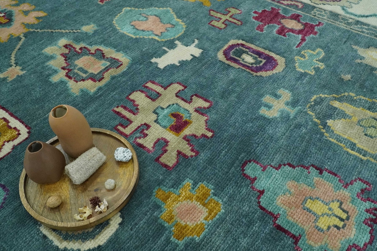 Colorful Teal, Ivory, Purple and Mustard Hand Knotted Traditional Oushak 8x10 wool Area Rug