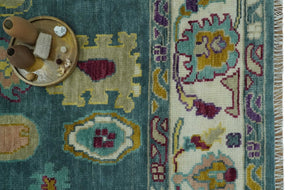 Colorful Teal, Ivory, Purple and Mustard Hand Knotted Traditional Oushak 8x10 wool Area Rug