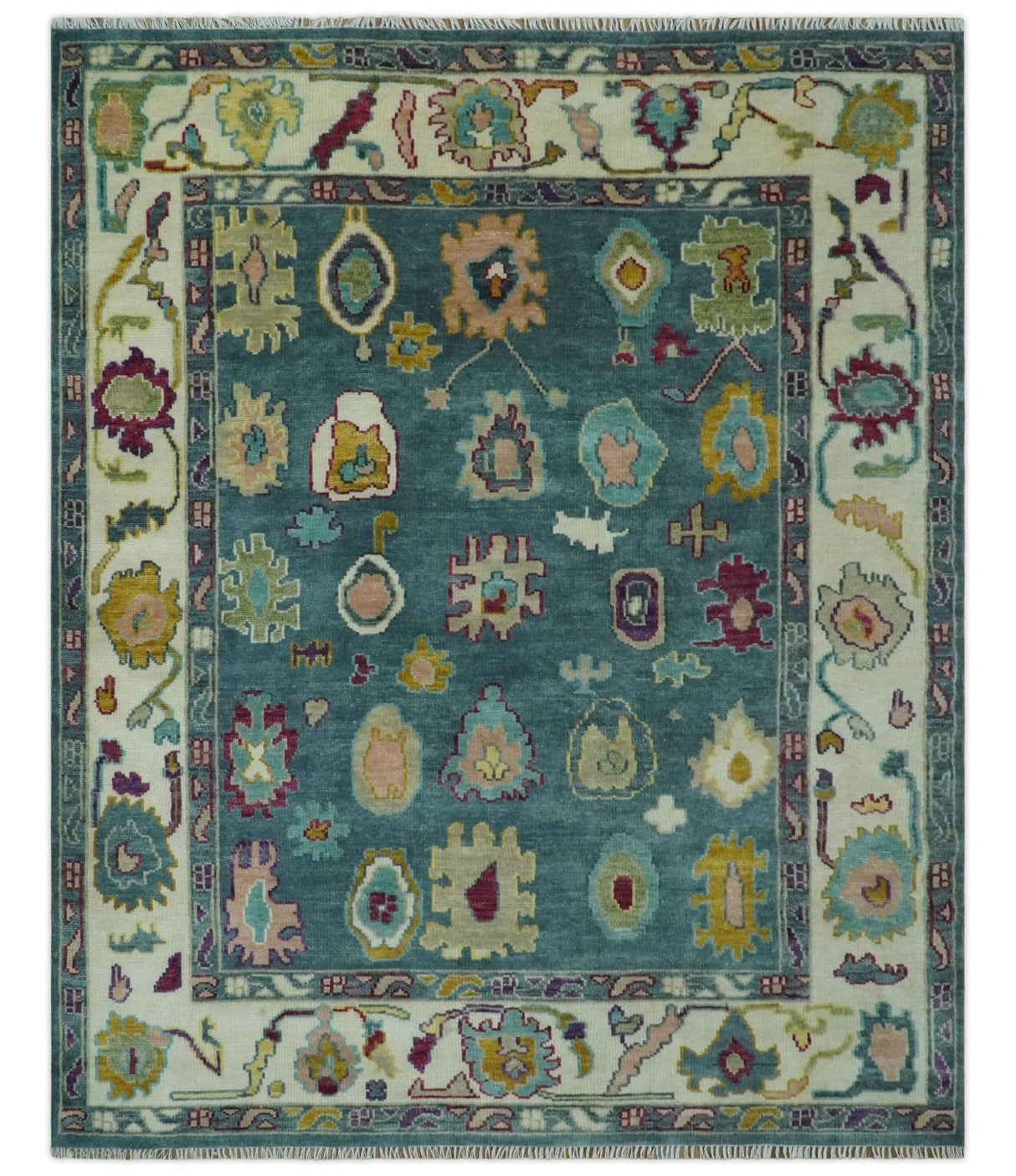 Colorful Teal, Ivory, Purple and Mustard Hand Knotted Traditional Oushak 8x10 wool Area Rug