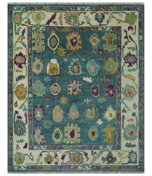 Colorful Teal, Ivory, Purple and Mustard Hand Knotted Traditional Oushak 8x10 wool Area Rug