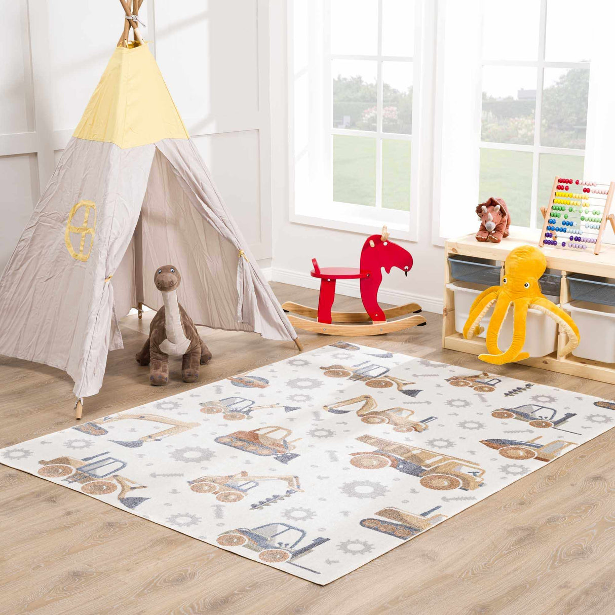 Construction Trucks Washable Kids Rug