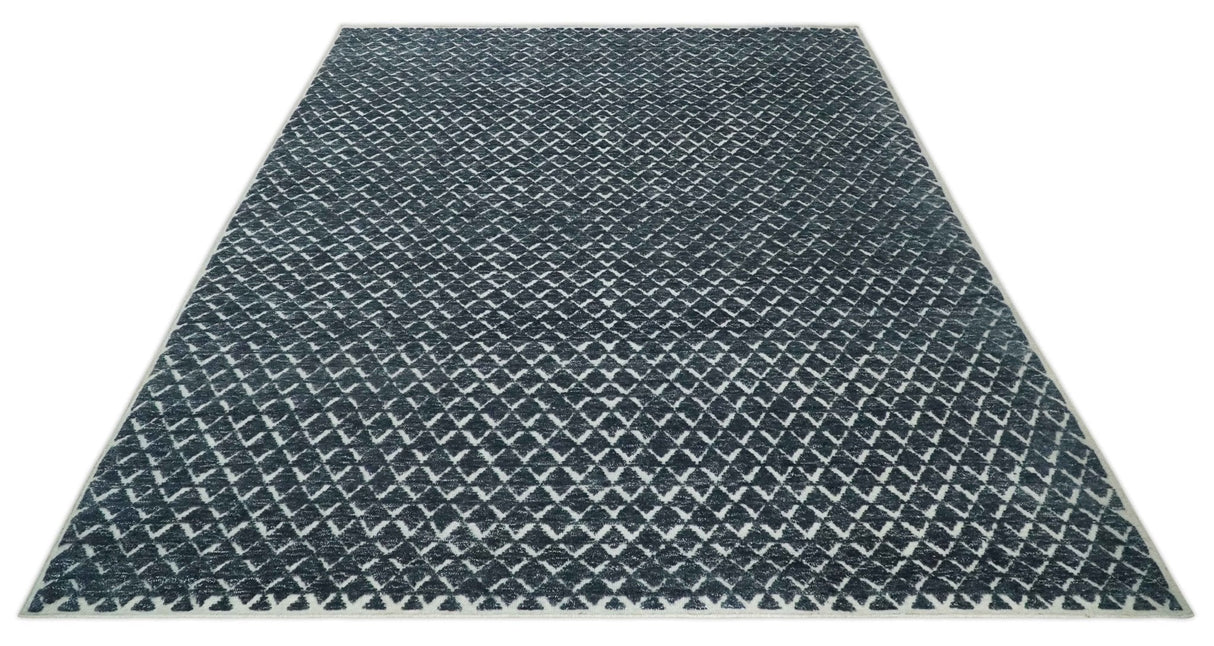 Contemporary Blue, Charcoal and Ivory Hand carved Geometrical Design Hand knotted wool Area Rug