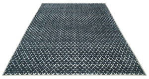 Contemporary Blue, Charcoal and Ivory Hand carved Geometrical Design Hand knotted wool Area Rug