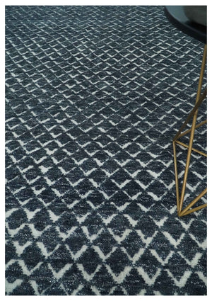Contemporary Blue, Charcoal and Ivory Hand carved Geometrical Design Hand knotted wool Area Rug