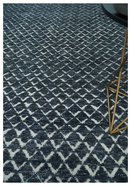 Contemporary Blue, Charcoal and Ivory Hand carved Geometrical Design Hand knotted wool Area Rug