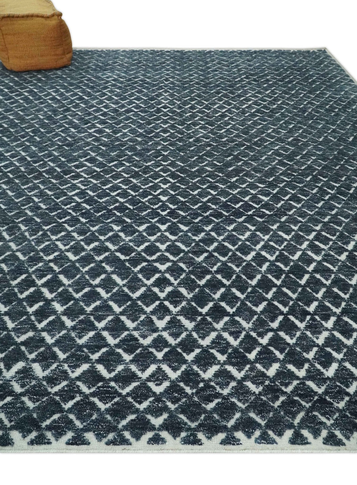 Contemporary Blue, Charcoal and Ivory Hand carved Geometrical Design Hand knotted wool Area Rug