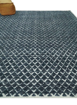 Contemporary Blue, Charcoal and Ivory Hand carved Geometrical Design Hand knotted wool Area Rug