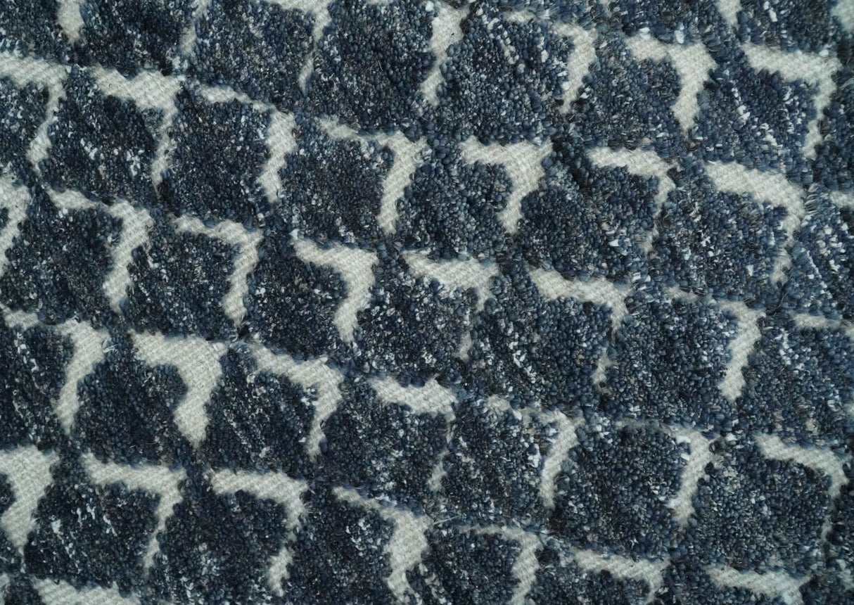 Contemporary Blue, Charcoal and Ivory Hand carved Geometrical Design Hand knotted wool Area Rug