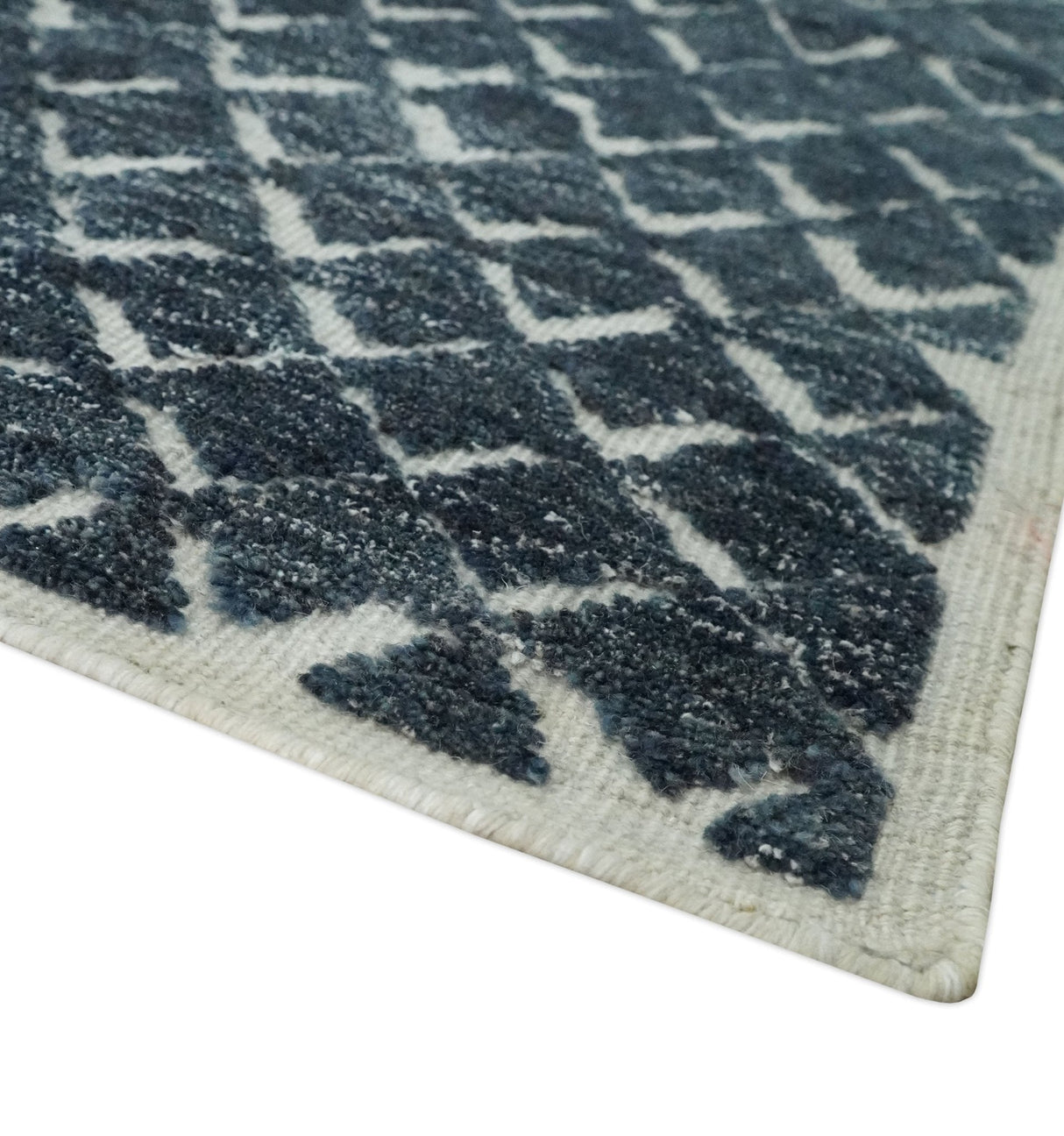 Contemporary Blue, Charcoal and Ivory Hand carved Geometrical Design Hand knotted wool Area Rug