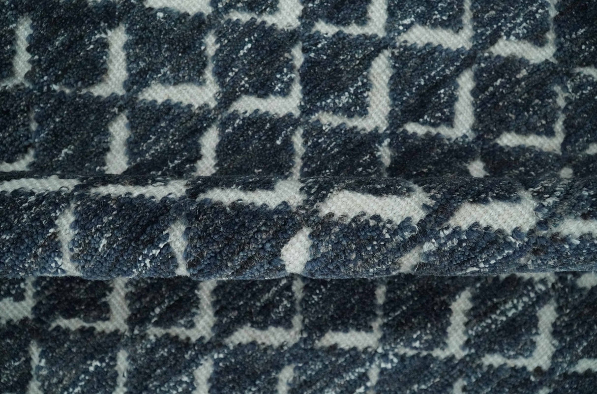 Contemporary Blue, Charcoal and Ivory Hand carved Geometrical Design Hand knotted wool Area Rug
