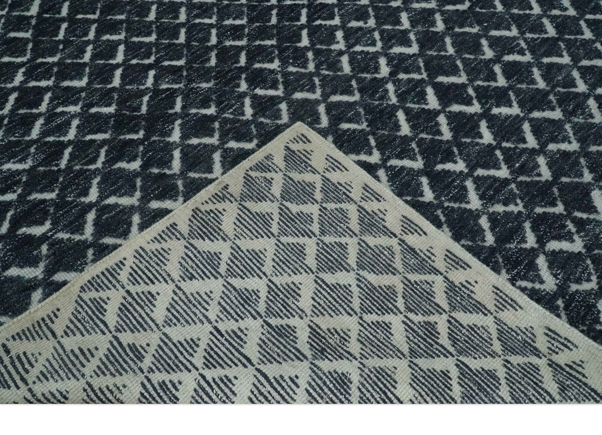 Contemporary Blue, Charcoal and Ivory Hand carved Geometrical Design Hand knotted wool Area Rug