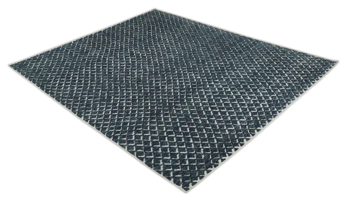 Contemporary Blue, Charcoal and Ivory Hand carved Geometrical Design Hand knotted wool Area Rug