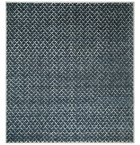 Contemporary Blue, Charcoal and Ivory Hand carved Geometrical Design Hand knotted wool Area Rug