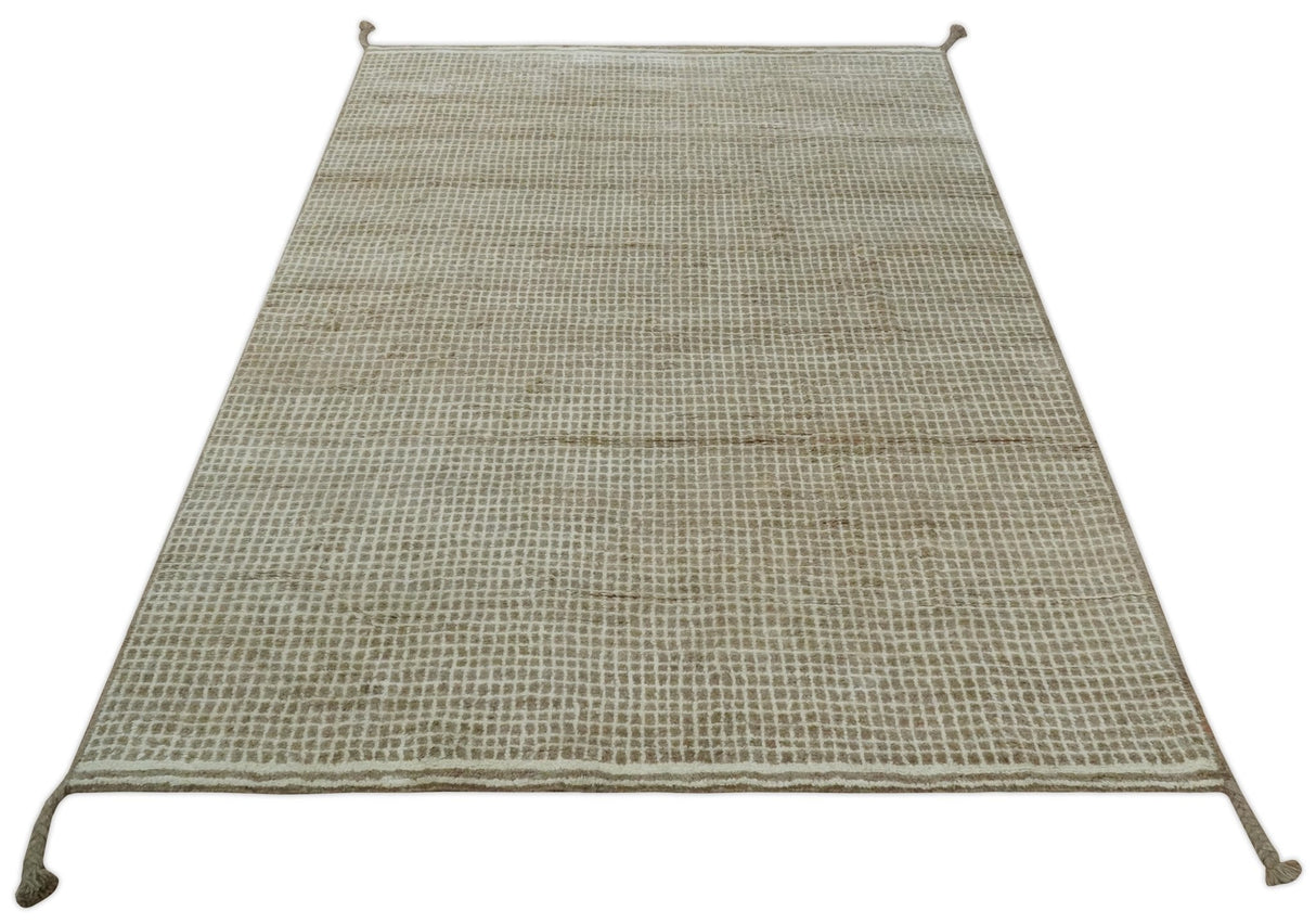 Contemporary Camel and Ivory Geometrical Square Design Hand Knotted 6.7x9.8 Wool Area Rug