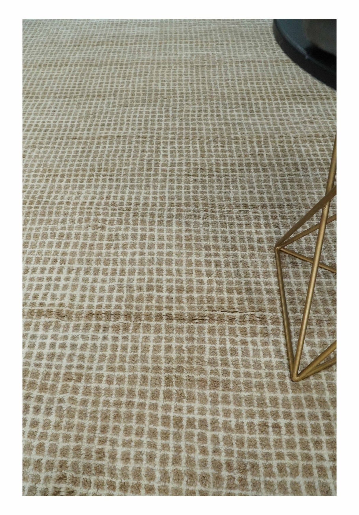 Contemporary Camel and Ivory Geometrical Square Design Hand Knotted 6.7x9.8 Wool Area Rug