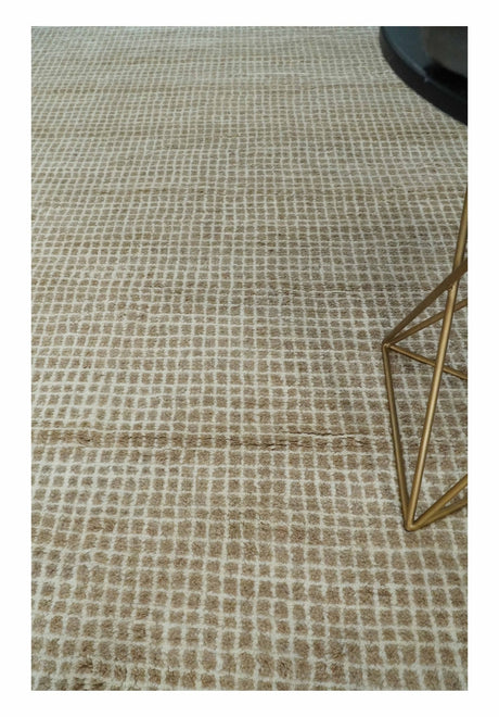 Contemporary Camel and Ivory Geometrical Square Design Hand Knotted 6.7x9.8 Wool Area Rug