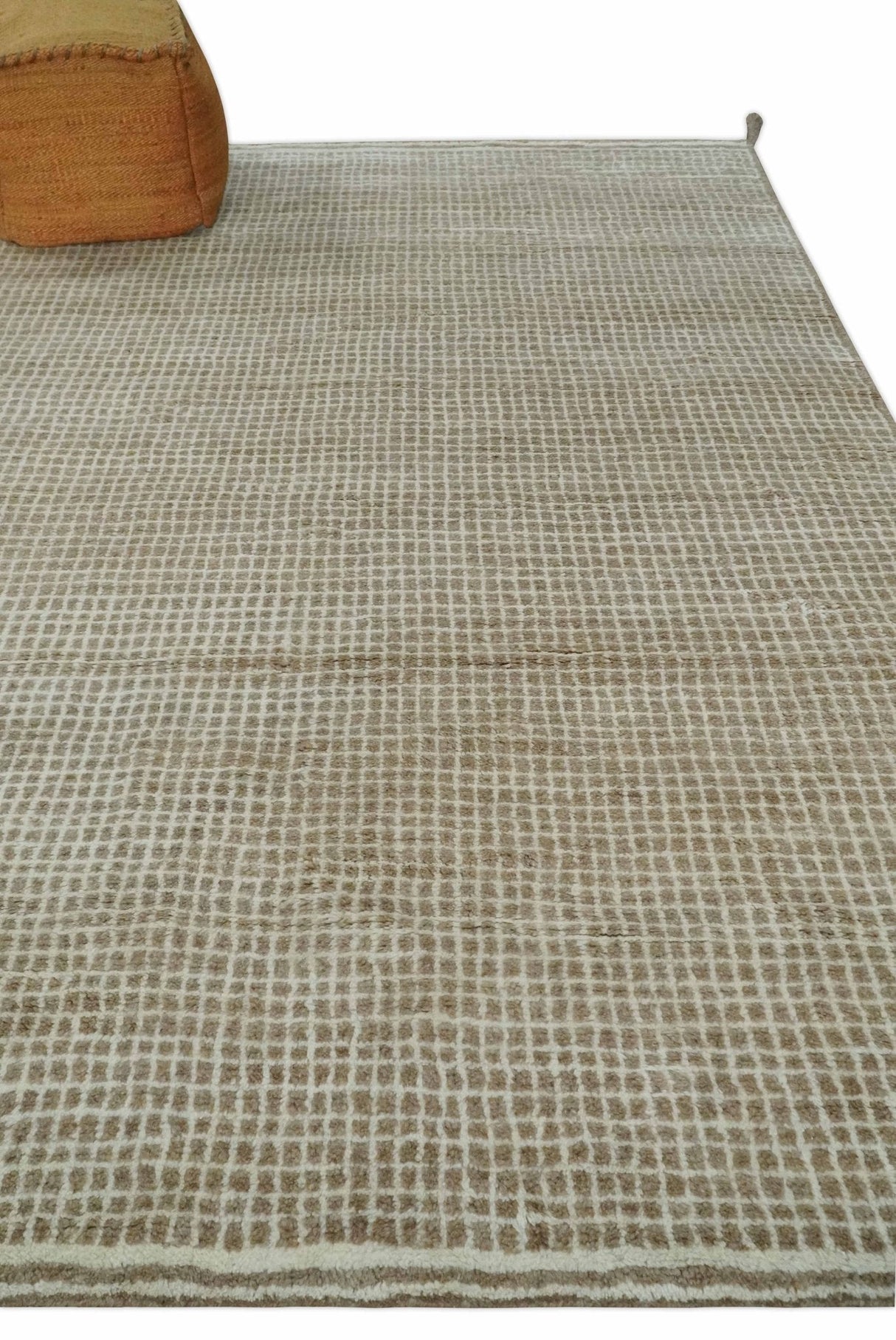 Contemporary Camel and Ivory Geometrical Square Design Hand Knotted 6.7x9.8 Wool Area Rug