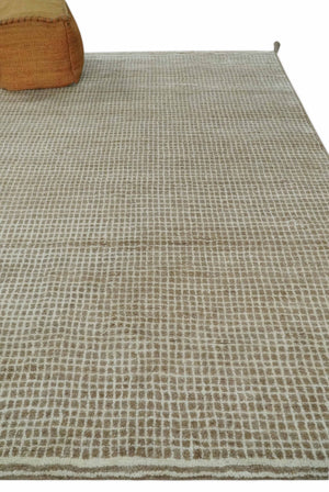 Contemporary Camel and Ivory Geometrical Square Design Hand Knotted 6.7x9.8 Wool Area Rug