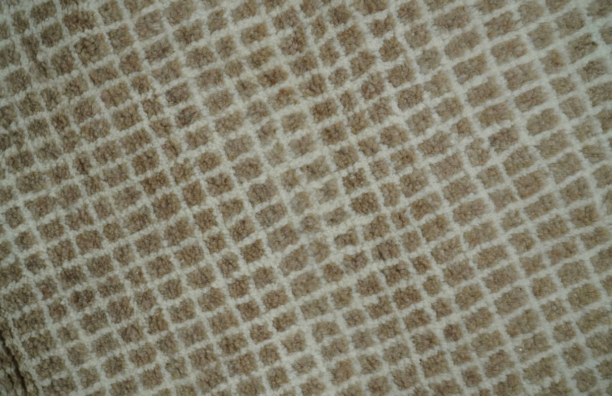Contemporary Camel and Ivory Geometrical Square Design Hand Knotted 6.7x9.8 Wool Area Rug
