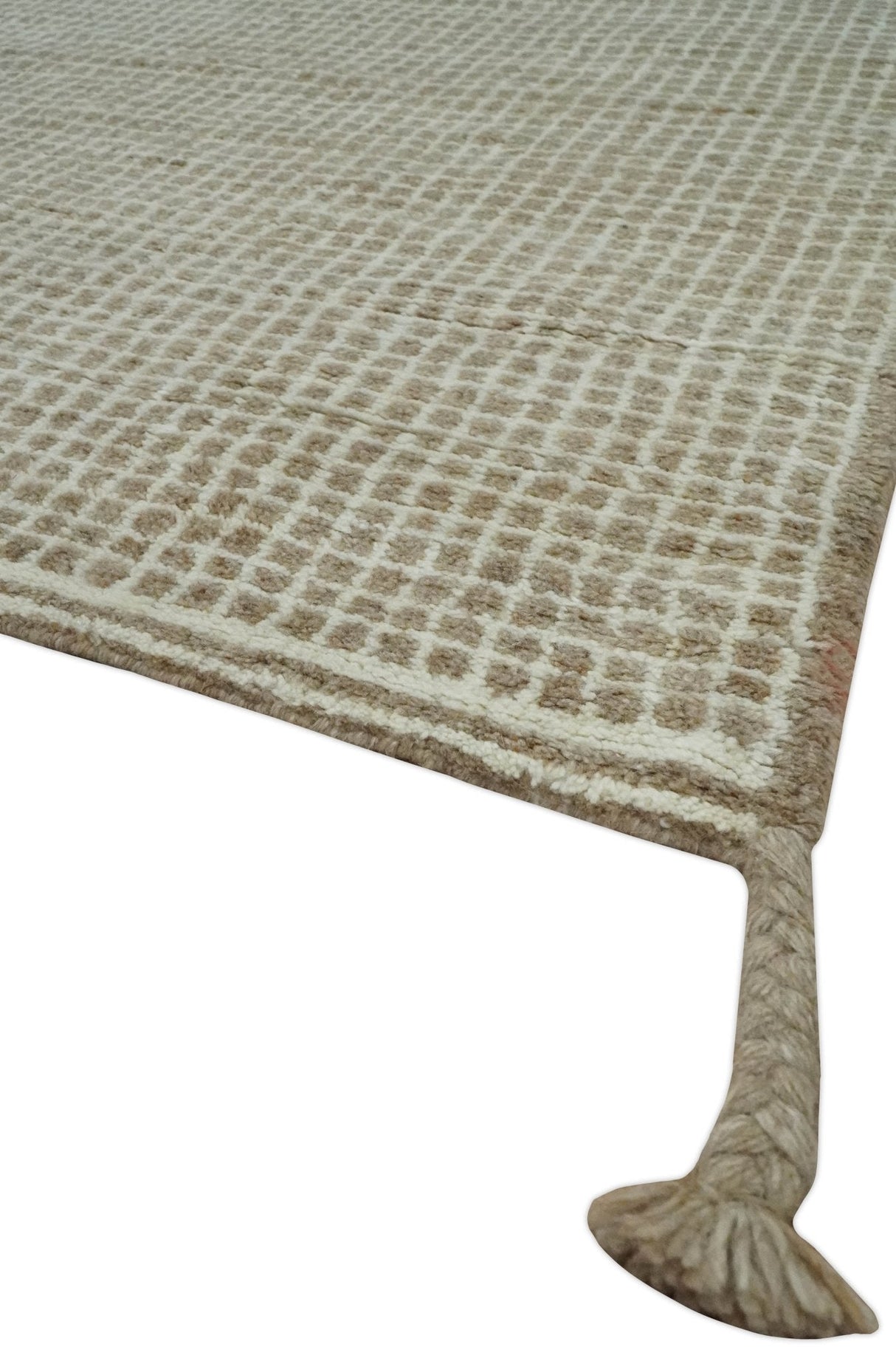 Contemporary Camel and Ivory Geometrical Square Design Hand Knotted 6.7x9.8 Wool Area Rug