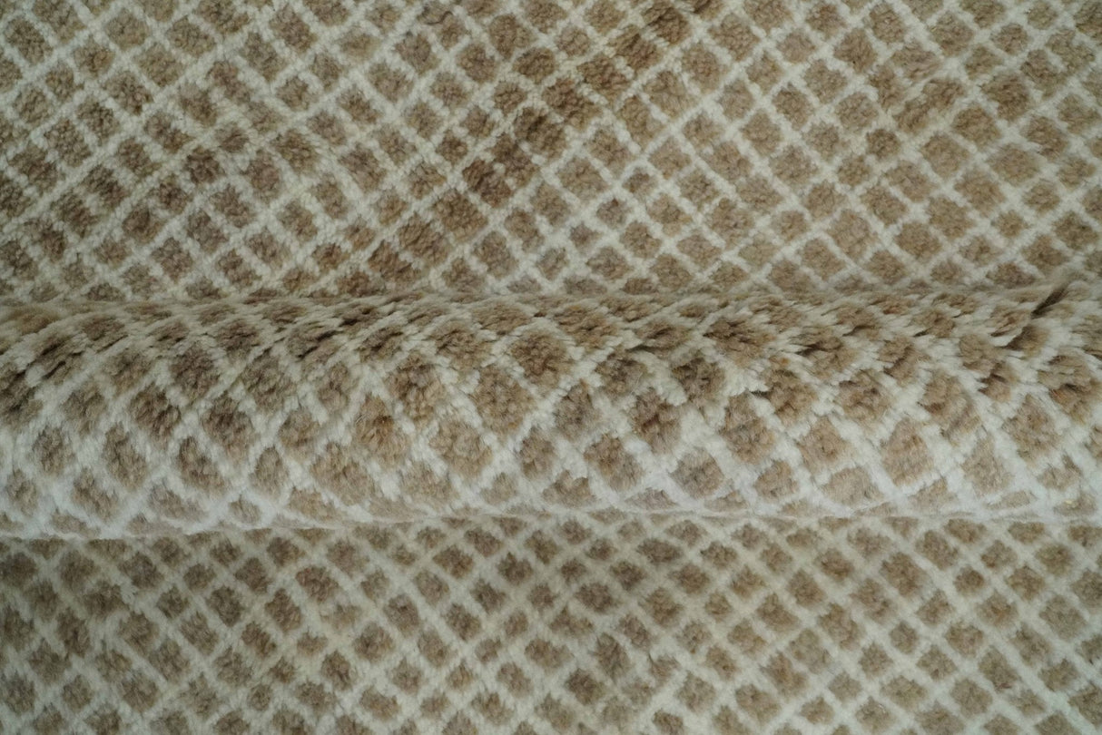 Contemporary Camel and Ivory Geometrical Square Design Hand Knotted 6.7x9.8 Wool Area Rug