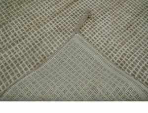 Contemporary Camel and Ivory Geometrical Square Design Hand Knotted 6.7x9.8 Wool Area Rug