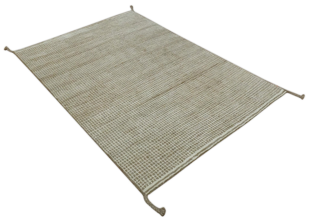 Contemporary Camel and Ivory Geometrical Square Design Hand Knotted 6.7x9.8 Wool Area Rug