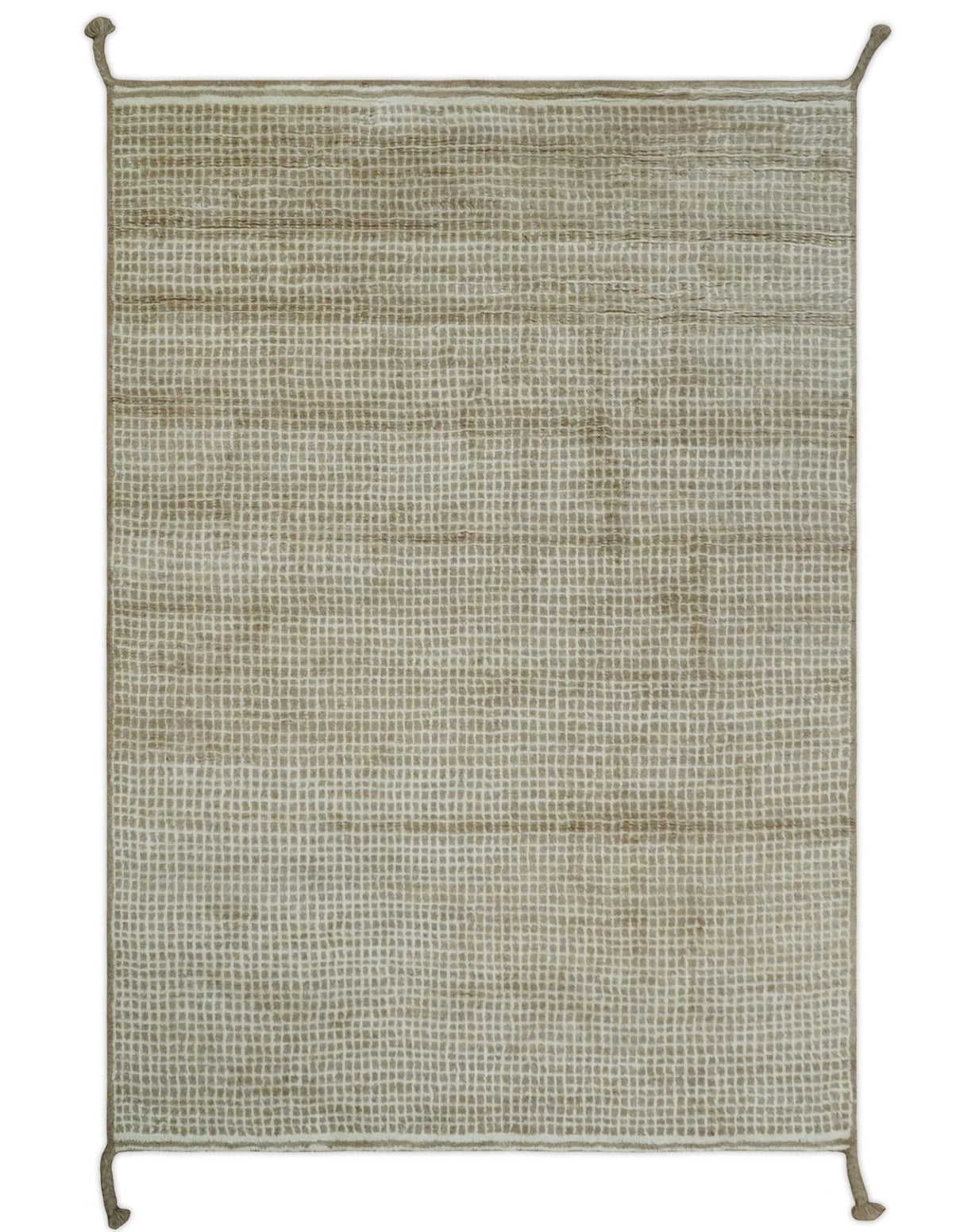 Contemporary Camel and Ivory Geometrical Square Design Hand Knotted 6.7x9.8 Wool Area Rug