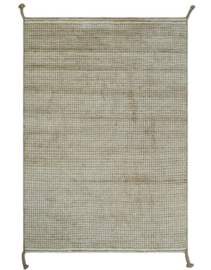 Contemporary Camel and Ivory Geometrical Square Design Hand Knotted 6.7x9.8 Wool Area Rug