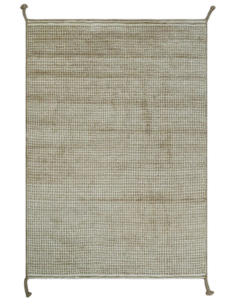 Contemporary Camel and Ivory Geometrical Square Design Hand Knotted 6.7x9.8 Wool Area Rug