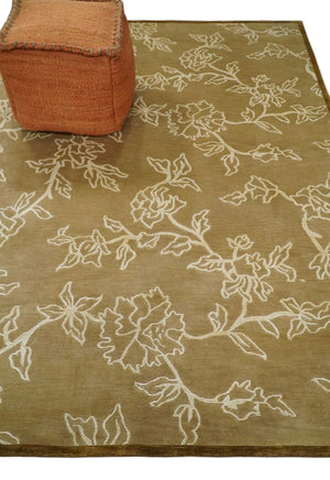 Contemporary Floral 6x8 Brown and Ivory Wool Hand Woven Rug | HL6