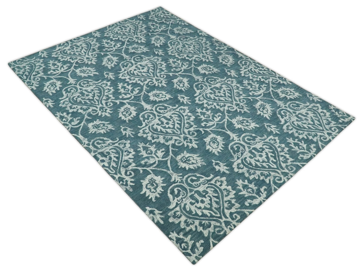 Contemporary Hand Tufted Blue and Ivory Wool Area Rug