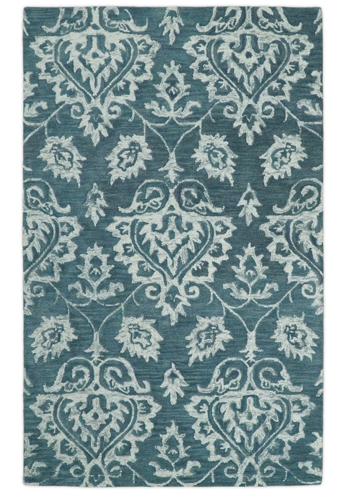 Contemporary Hand Tufted Blue and Ivory Wool Area Rug