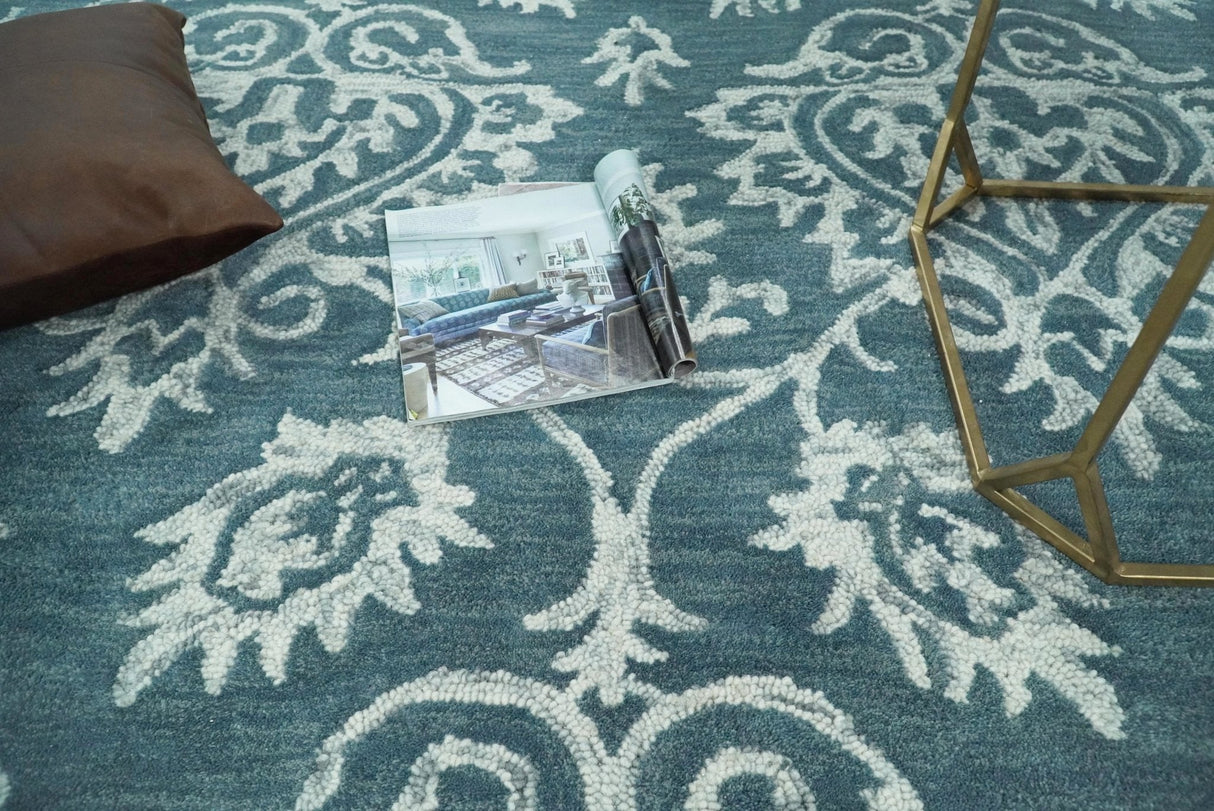 Contemporary Hand Tufted Blue and Ivory Wool Area Rug