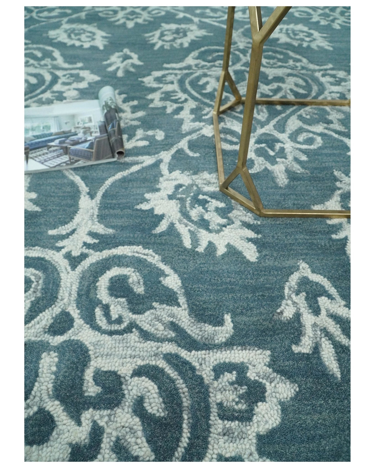 Contemporary Hand Tufted Blue and Ivory Wool Area Rug