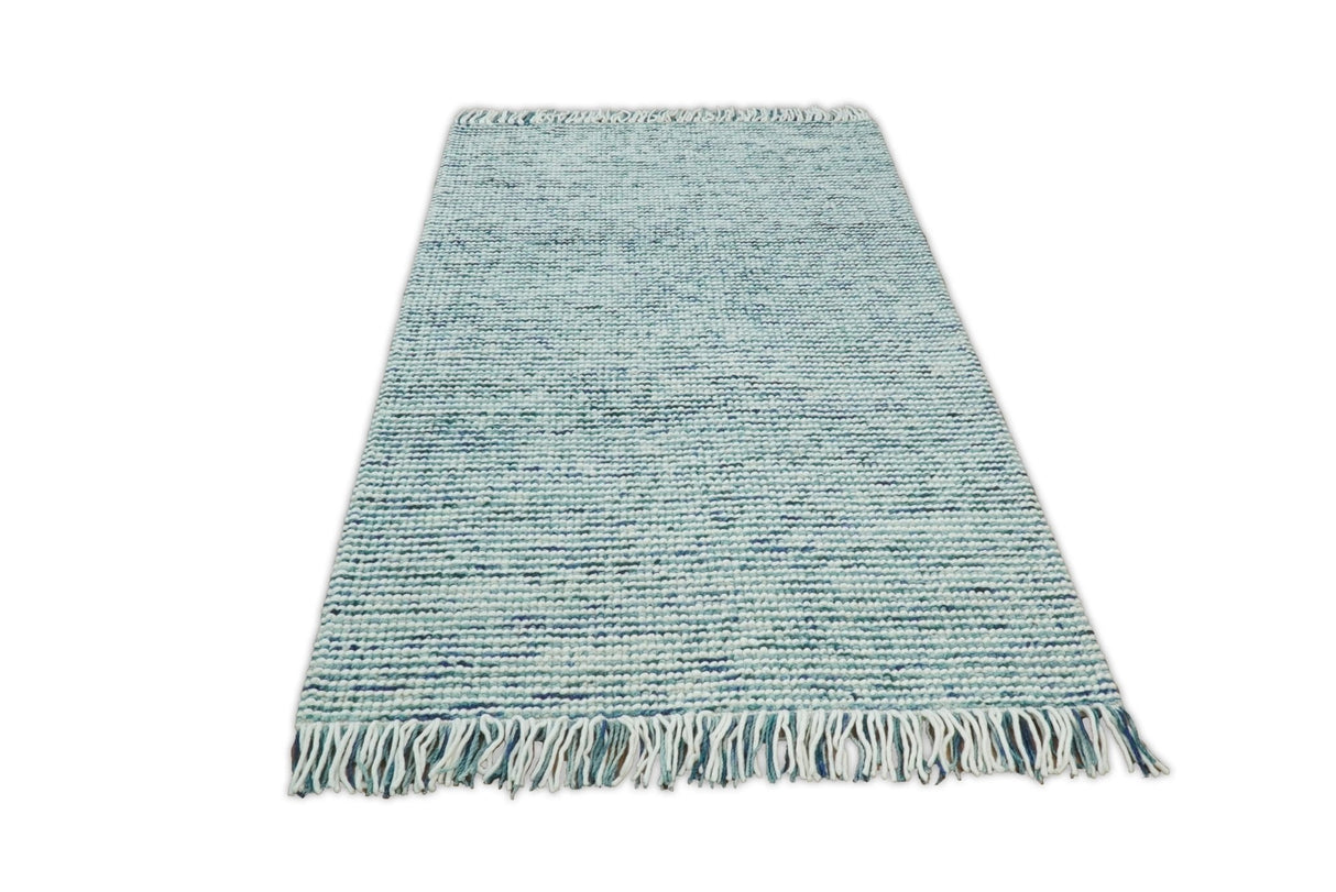 Contemporary Hand Woven Blue Woolen Chunky and Soft Area Rug
