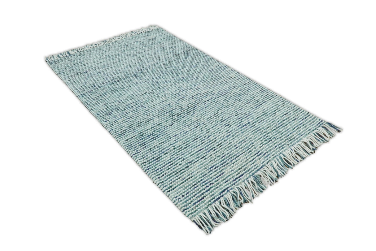 Contemporary Hand Woven Blue Woolen Chunky and Soft Area Rug