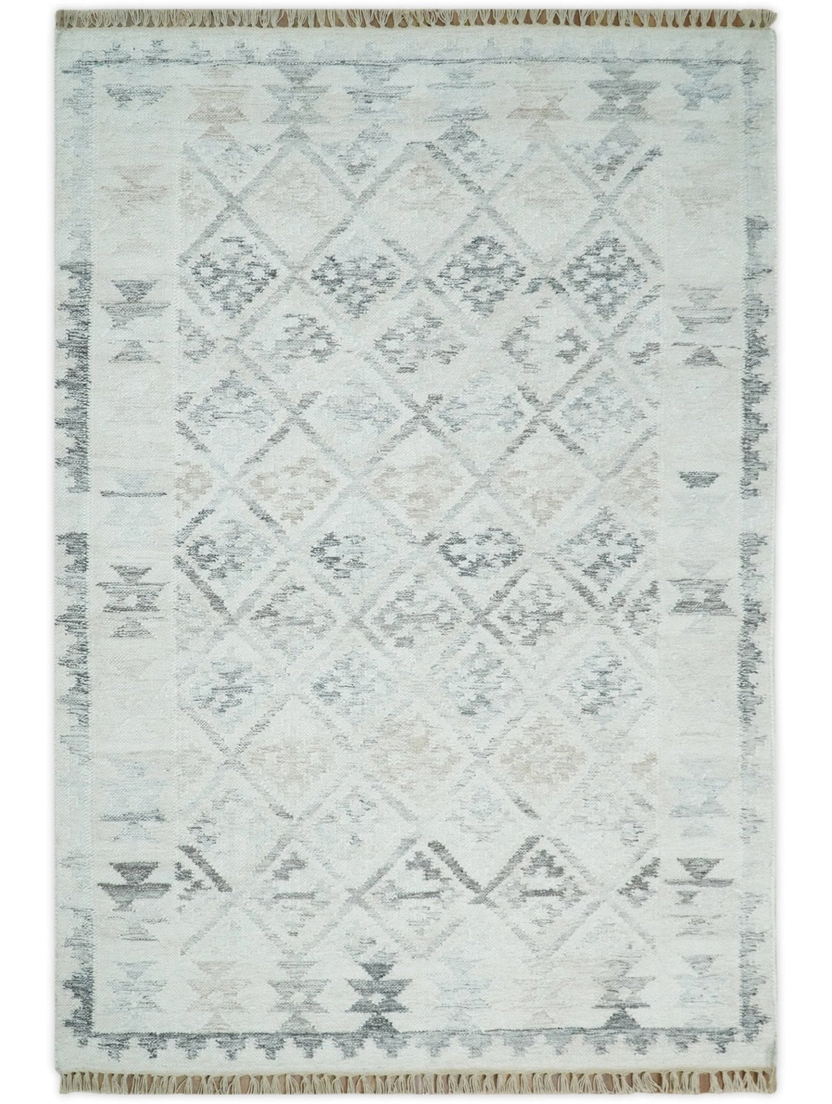 Contemporary Ivory and Gray Hand Woven Rug made with Fine Blended Wool