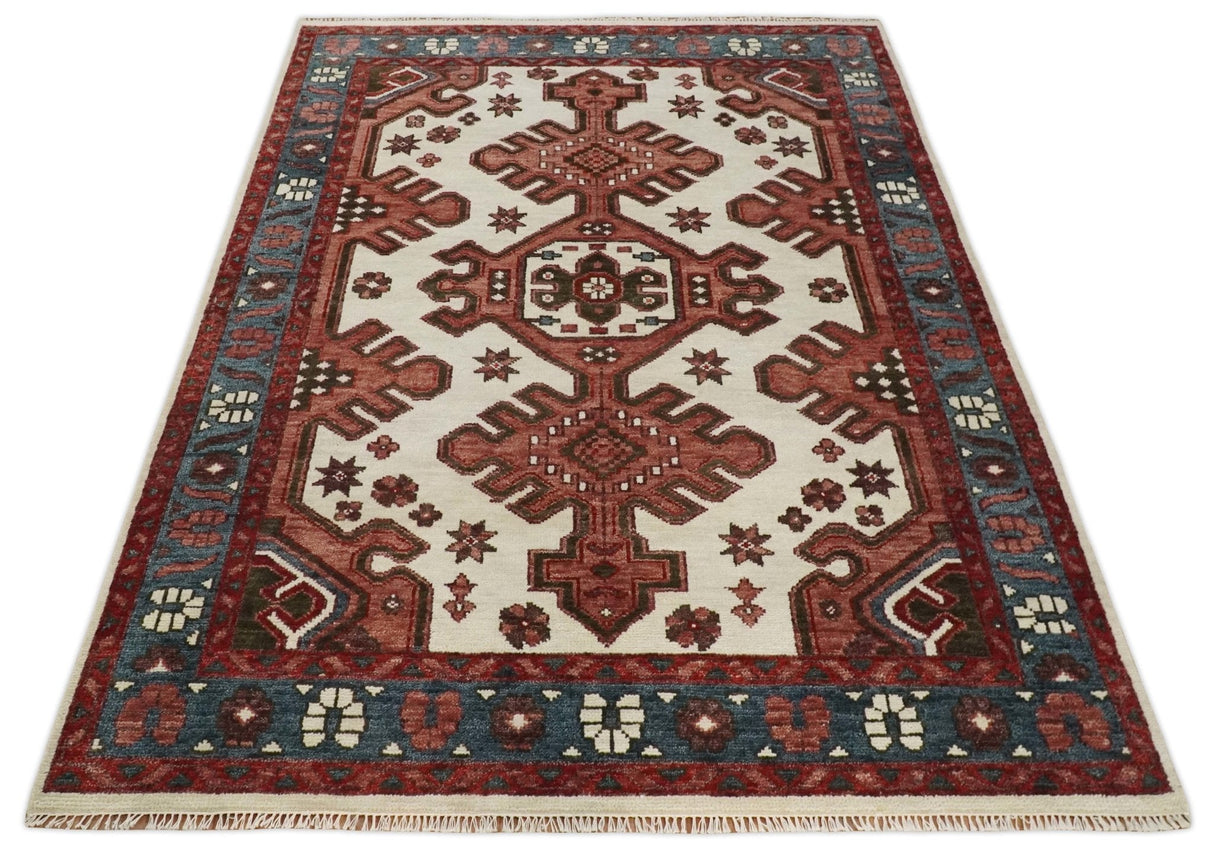 Coral Rust and Ivory Hand Knotted Traditional Heriz Serapi Multi Size Wool area Rug