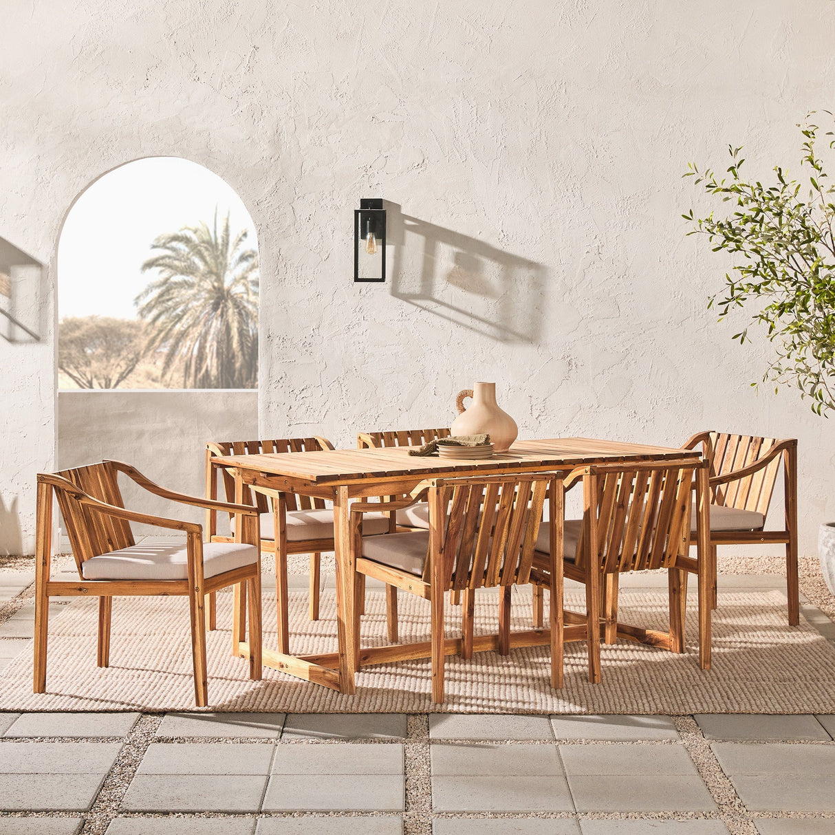 Covina Modern Slat-Top 7-Piece Outdoor Dining Set