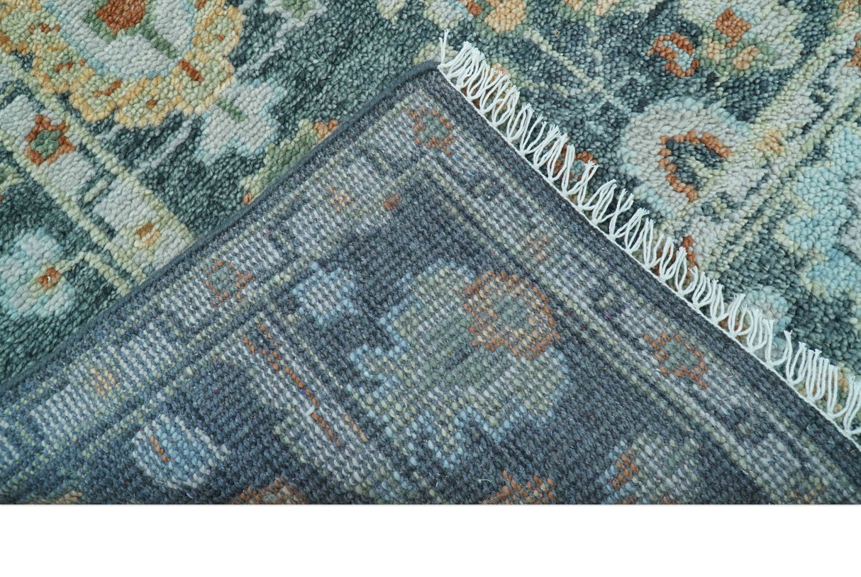 Custom Made Antique Hand Knotted Charcoal and Blue Traditional Oushak Design Wool Rug