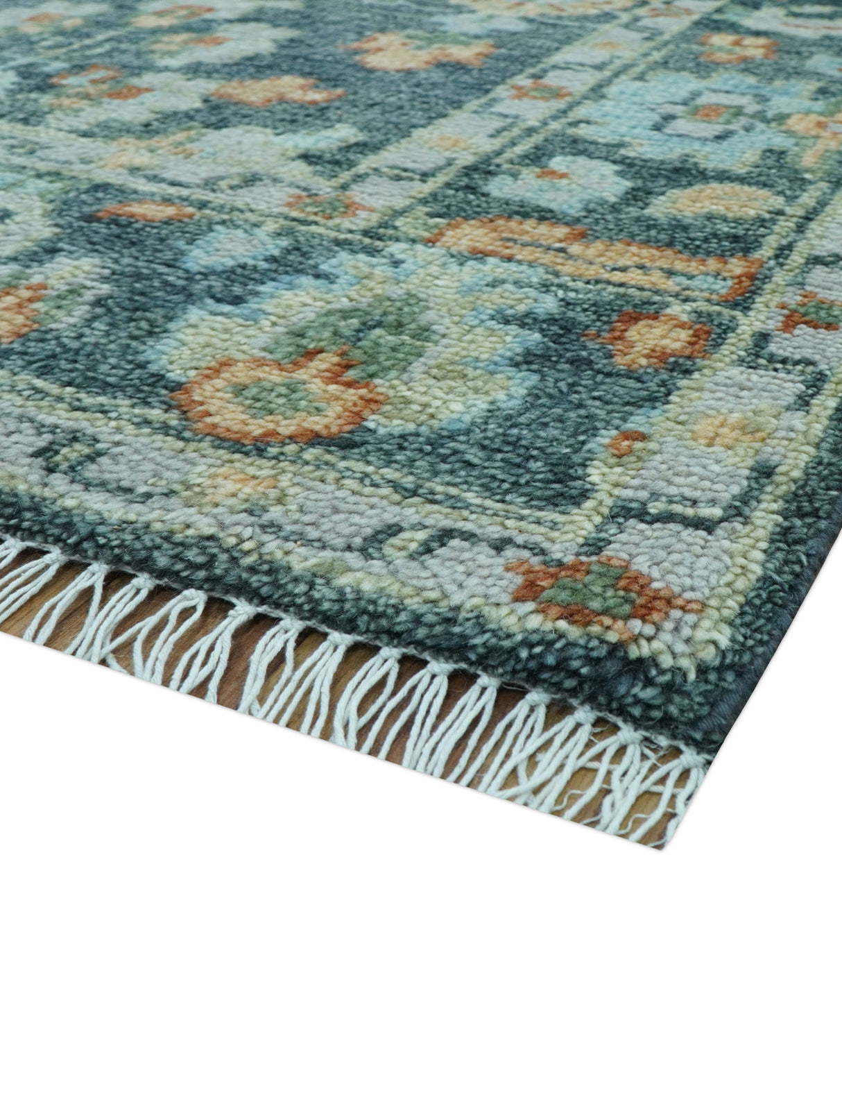 Custom Made Antique Hand Knotted Charcoal and Blue Traditional Oushak Design Wool Rug