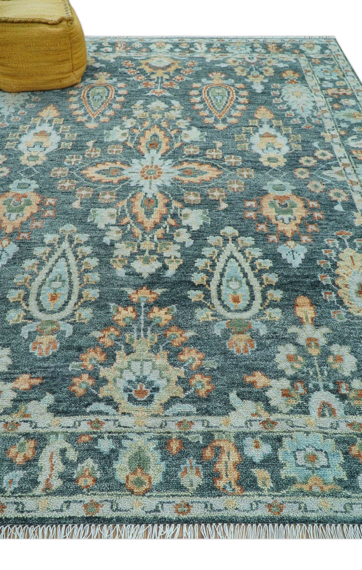 Custom Made Antique Hand Knotted Charcoal and Blue Traditional Oushak Design Wool Rug