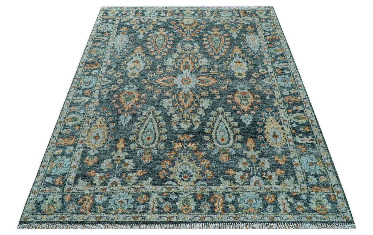 Custom Made Antique Hand Knotted Charcoal and Blue Traditional Oushak Design Wool Rug