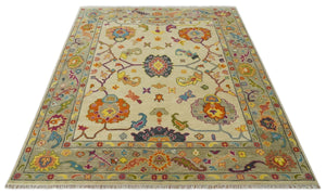 Custom Made Antique Style Beige Colorful Hand knotted Traditional Oushak wool Area Rug