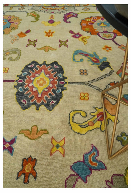Custom Made Antique Style Beige Colorful Hand knotted Traditional Oushak wool Area Rug